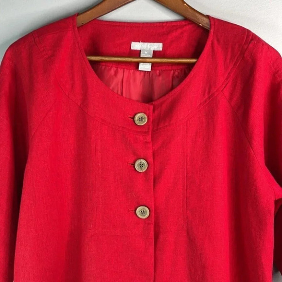 SHERRY TAYLOR Linen Blend Collarless Blazer Red 3 Button Size M - Picture 3 of 10